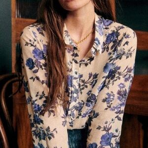 SEZANE PIERRO SHIRT BLUE FLORAL COTTON SILK BLOUSE